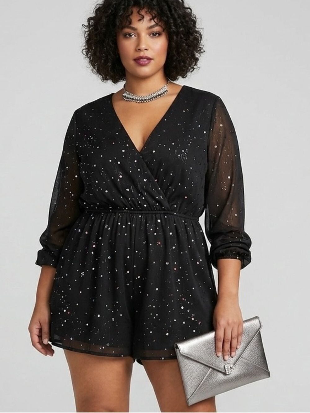 CIDER Black Silver Long Sleeve Flowing Shorts Romper Size 2X